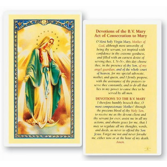 Devotions of the Blessed Virgin Mary Laminated Catholic Prayer Holy Card with Prayer on Back, Pack of 25
