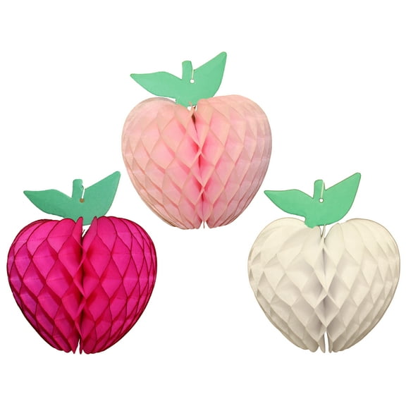 Devra Party 7 Inch Honeycomb Tissue Paper Apple Decoration, Set of 3, Cerise / White / Pink