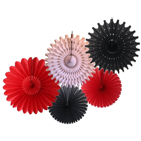 Devra Party Black, Red, and White Large Tissue Paper Fan Decorations, 13 and 18 Inches (5 Piece)