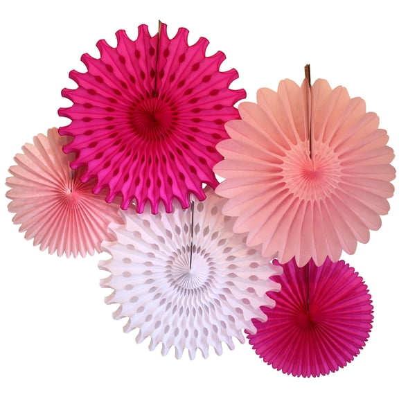 Devra Party Cerise, White, and Pink Large Tissue Paper Fan Decorations, 13 and 18 Inches (5 Piece)