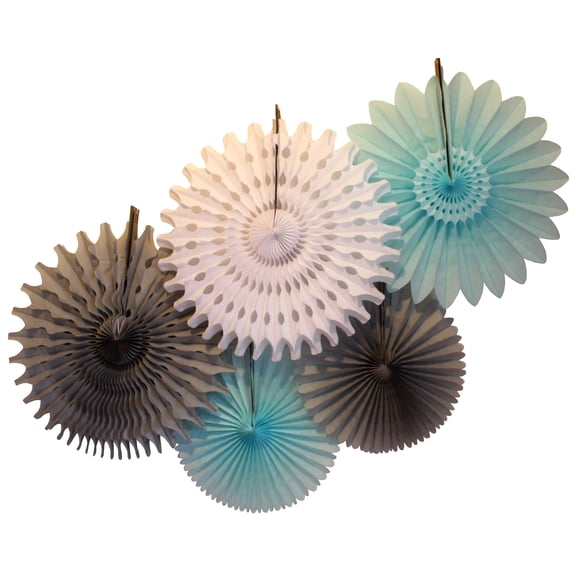 Devra Party Light Blue, White, and Gray Large Tissue Paper Fan Decorations, 13 and 18 Inches (5 Piece)