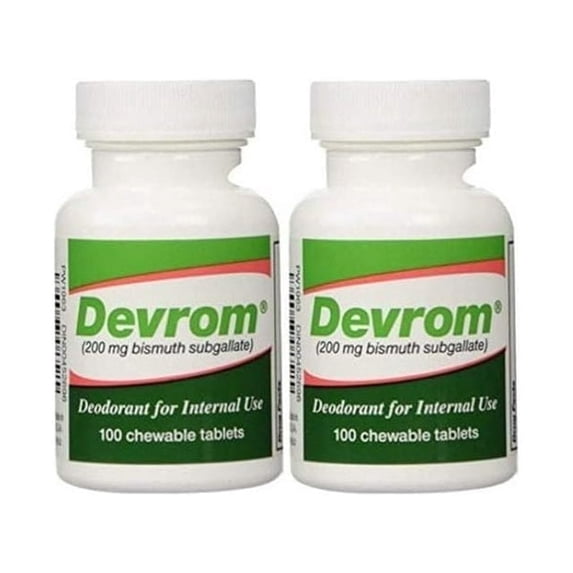 Devrom Internal Deodorant, 200 mg Bismuth Subgallate, 100 Chewable Tablets, 2PK