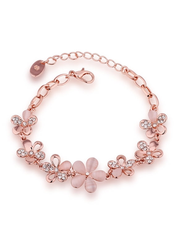 18K Rose Gold Plated Women Adjustable Flower Link Bracelet Bangle Jewelry,Women Gifts for Her