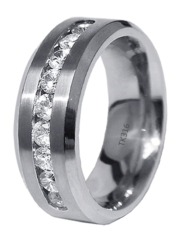 8MM Men's Band Stainless Steel Ring with 9 Sparkly Channel Set Cubic Zirconia CZ Sizes 9 to 13