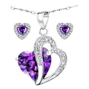 Devuggo 925 Sterling Silver Heart Pendant Necklace Simulated Amethyst Stud Earrings Jewelry Set,Gifts for Women