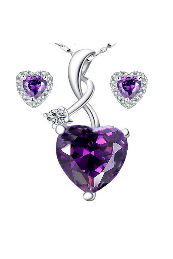 Devuggo 925 Sterling Silver Heart Pendant Necklace Simulated Amethyst Stud Earrings Jewelry Set for Women