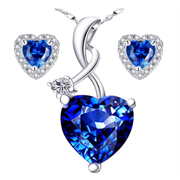 Devuggo 925 Sterling Silver Heart Pendant Necklace Simulated Blue Sapphire Stud Earrings Jewelry Set for Women