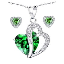 Devuggo 925 Sterling Silver Heart Pendant Necklace Simulated Emerald Stud Earrings Jewelry Set,Valentines Day Gifts for Women