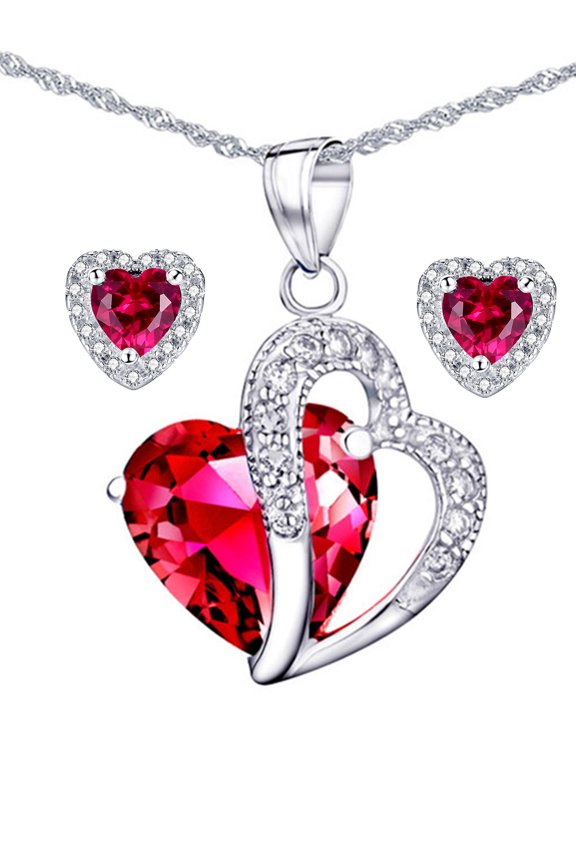 Devuggo 925 Sterling Silver Heart Pendant Necklace Simulated Ruby Stud Earrings Jewelry Set,Valentines Day Gifts for Women