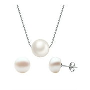DEVUGGO 925 Sterling Silver Womens Pearl Jewelry Cultured Freshwater Pearl 8mm Pendant Necklace and White Button Stud Earring Set