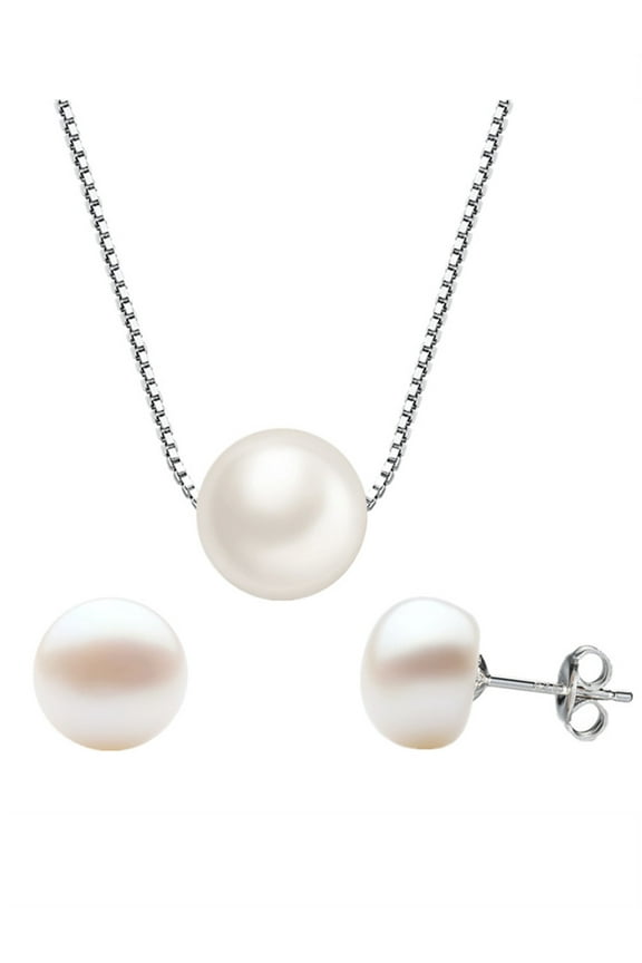 925 Sterling Silver Womens Pearl Jewelry Cultured Freshwater Pearl 8mm Pendant Necklace and White Button Stud Earring Set