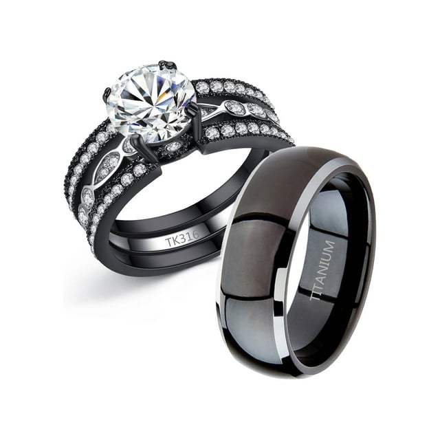 6x6mm Round CZ Black IP Stainless Steel Engagement 3 Ring Set – LA NY - Foto 6