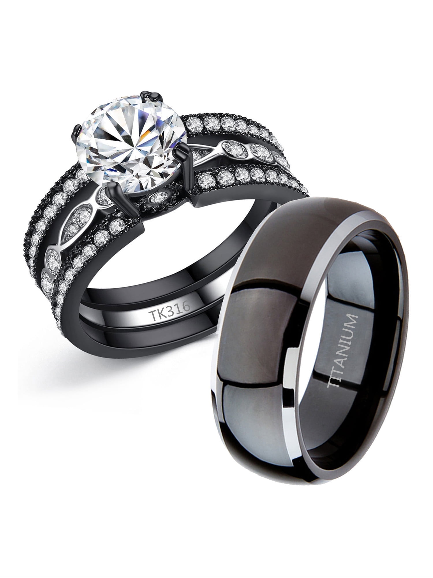 Matching Titanium Rings MABELLA Couple Rings Black Men’s Titanium Matching Band Women CZ ...