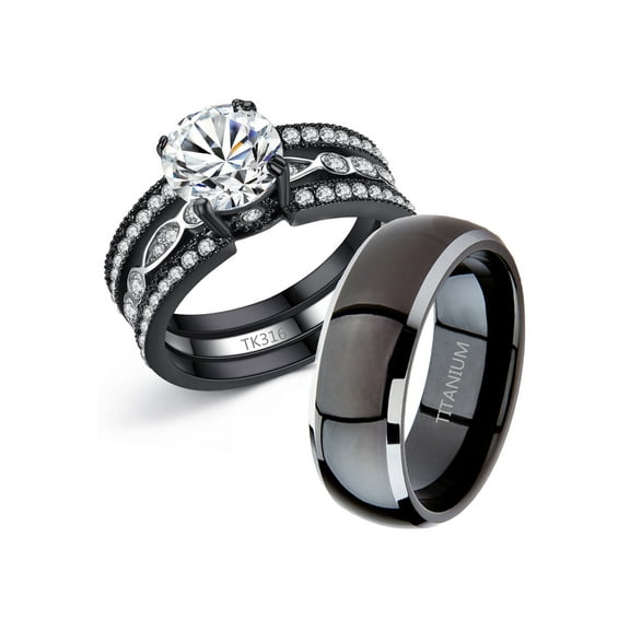 Devuggo Couple Rings Black Men’s Tungsten Matching Band Women CZ Stainless Steel Engagement Wedding Sets