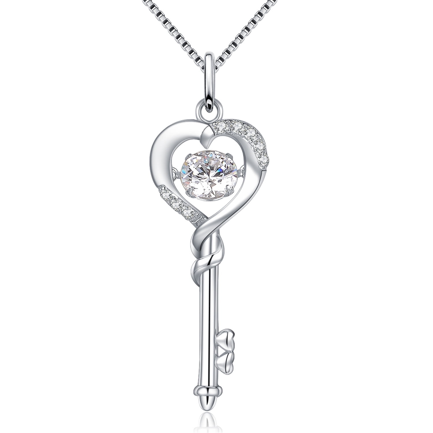 MABELLA Dancing Diamond Key to Heart Sterling Silver Key CZ Pendant Necklace, 18"