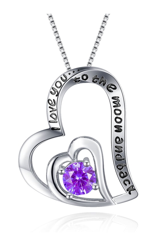 Double Heart Pendant Necklace Natural Amethyst "I Love You To The Moon and Back" Vanlentine Gifts for Women