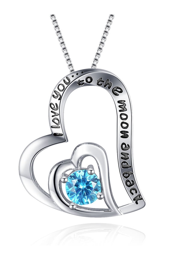 Double Heart Pendant Necklace Natural Blue Topaz "I Love You To The Moon and Back" Vanlentine Gifts for Women
