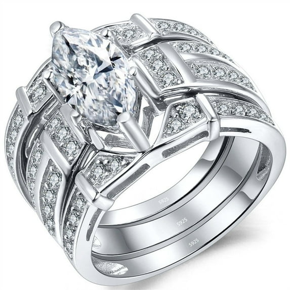 MABELLA 925 Sterling Silver Marquise Cut Cubic Zirconia Trio Engagement Wedding Ring Set Gifts for Her Size 7