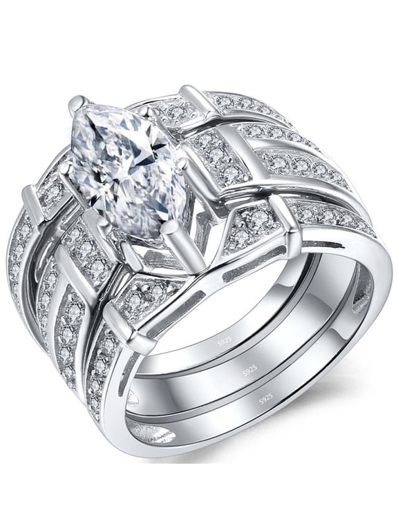 925 Sterling Silver Marquise Cut Cubic Zirconia Trio Engagement Wedding Ring Set Gifts for Her Size 7