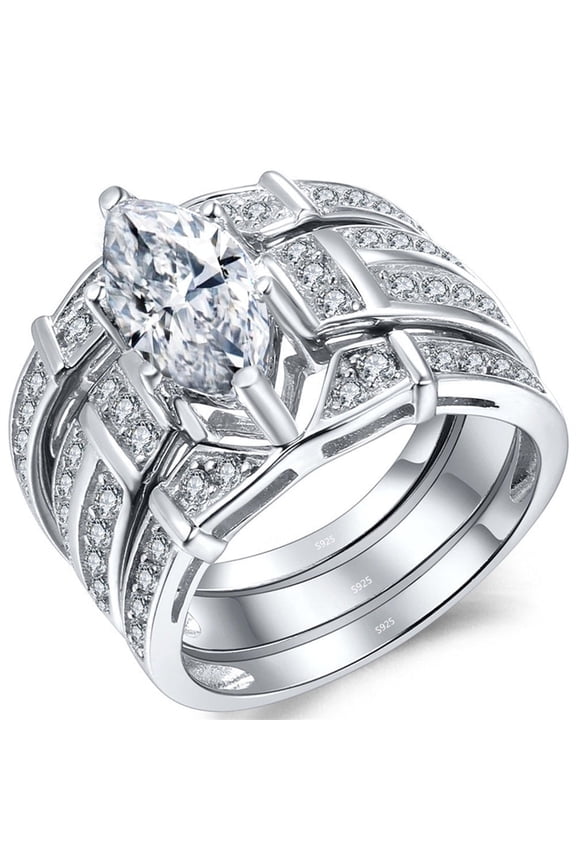 925 Sterling Silver Marquise Cut Cubic Zirconia Trio Engagement Wedding Ring Set Gifts for Her Size 7
