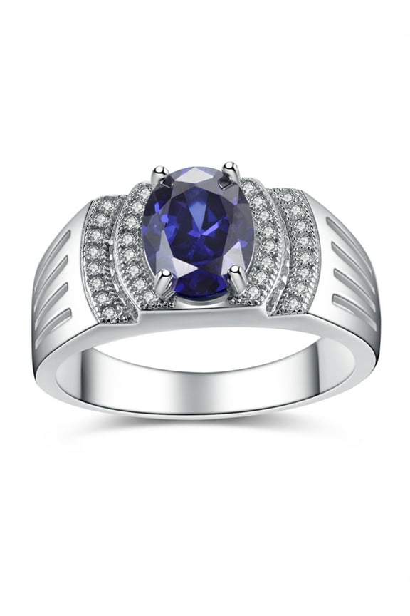 Solid 925 Sterling Silver Oval Cut Simulated Blue Tanzanite Cubic Zirconia Men's Wedding Ring Sizes 9-13
