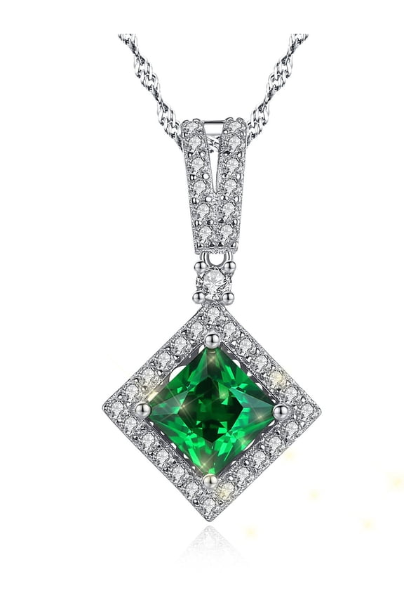 MABELLA Sterling Silver 1.96ct Princess Cut Simulated Emerald Pendant Necklace, 18"