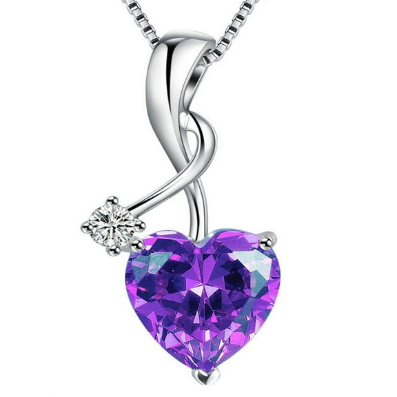 Devuggo Sterling Silver 3.16ct Heart Cut Simulated Amethyst Pendant Necklace, Mother's Day Gifts for Women
