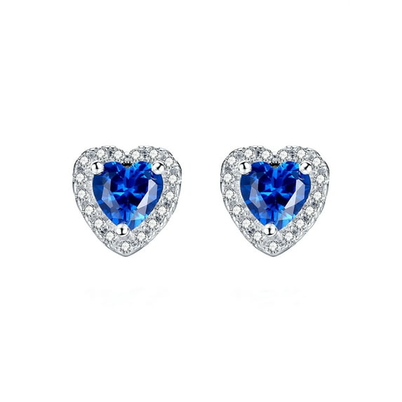 Devuggo Sterling Silver Heart Shaped Simulated Blue Sapphire Stud Earrings for Women