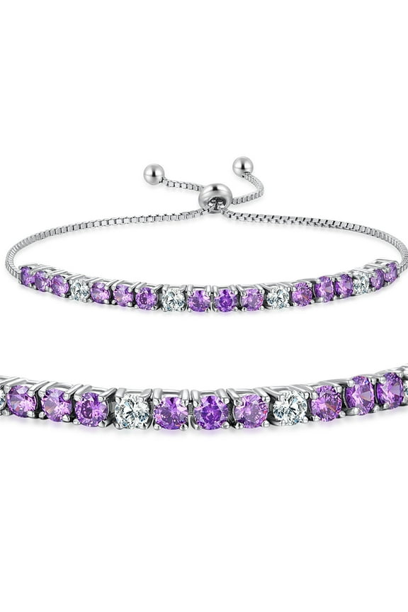 Women Sterling Silver Adjustable Tennis Bracelet Clear & Amethyst Cubic Zirconia Jewelry Gifts for Girl Women