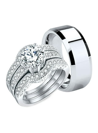 MABELLA His and Hers Wedding Ring Sets 3 Stone Womens Silver CZ Ring Set  and Mens Stainless Steel Matching Wedding Band