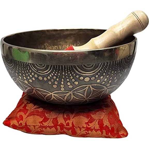 Devyom 11" Large Hand Hammered Tibetan Carving Singing Bowl Meditation Healing Bowl With Mallet And Silk Cushion