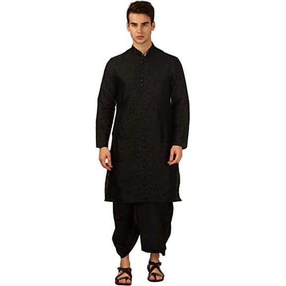Devyom Men's Silk Blend Dhoti Kurta Set (44, Black)