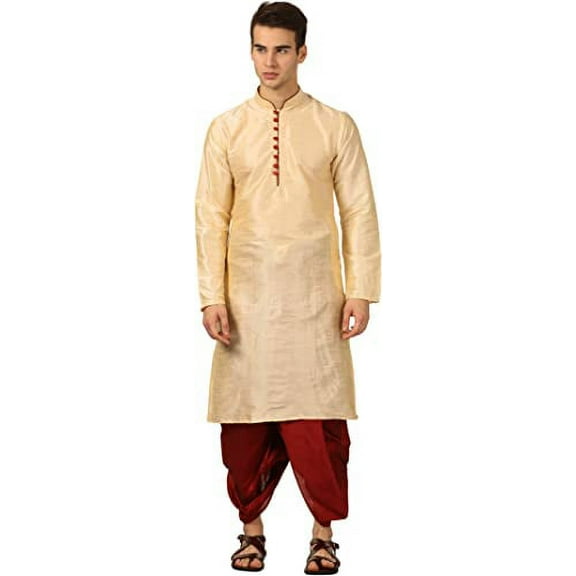 Devyom Men's Silk Straight Regular Fit Dhoti Kurta Set (Gold, 42)