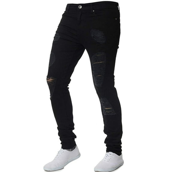 Dewadbow Men Denim Pants Casual Destroyed Frayed Slim Skinny Fit Jeans