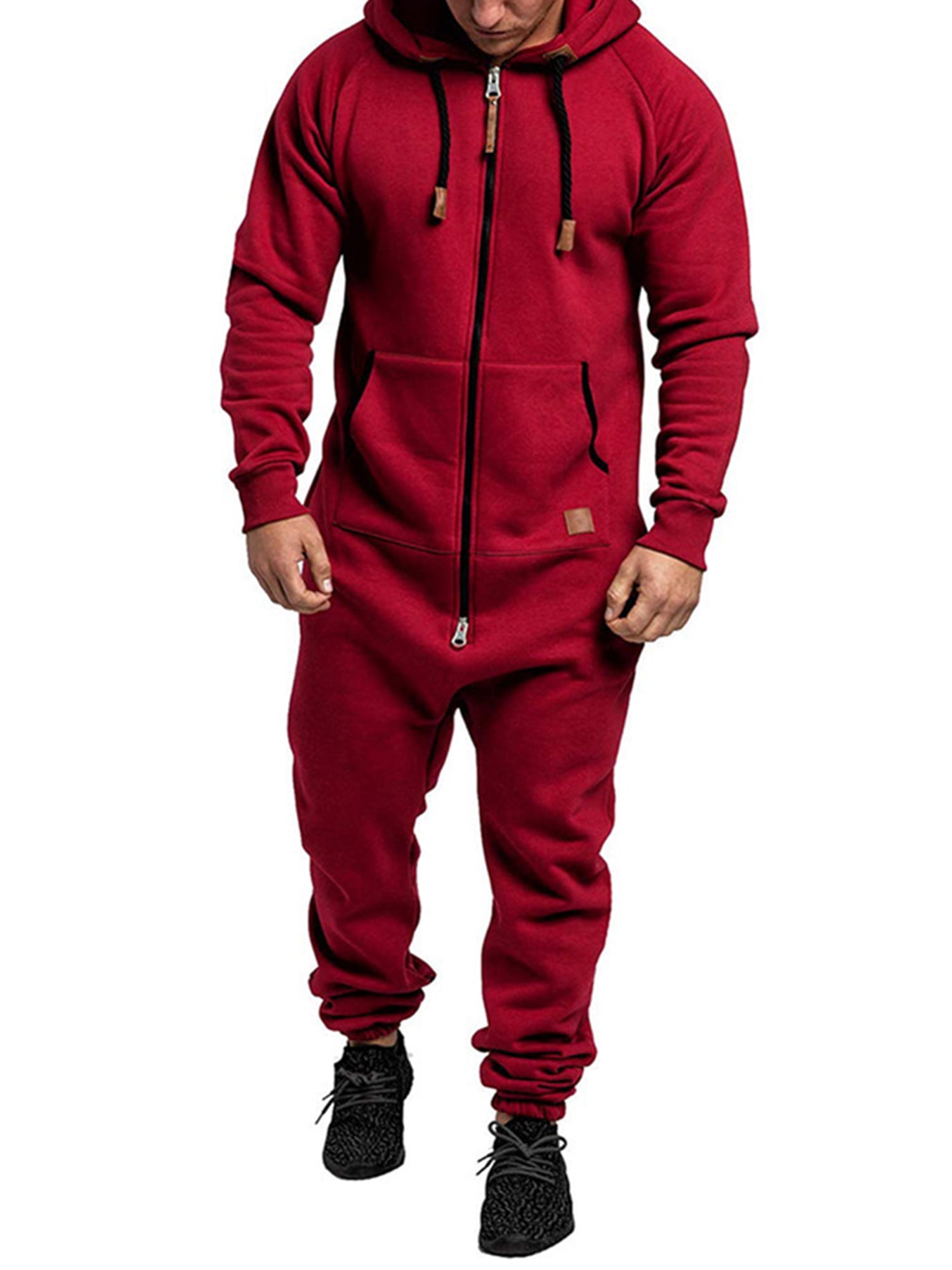 Dewadbow Men Hooded Jumpsuit Zipper Closure Sports Kangaroo Pocket