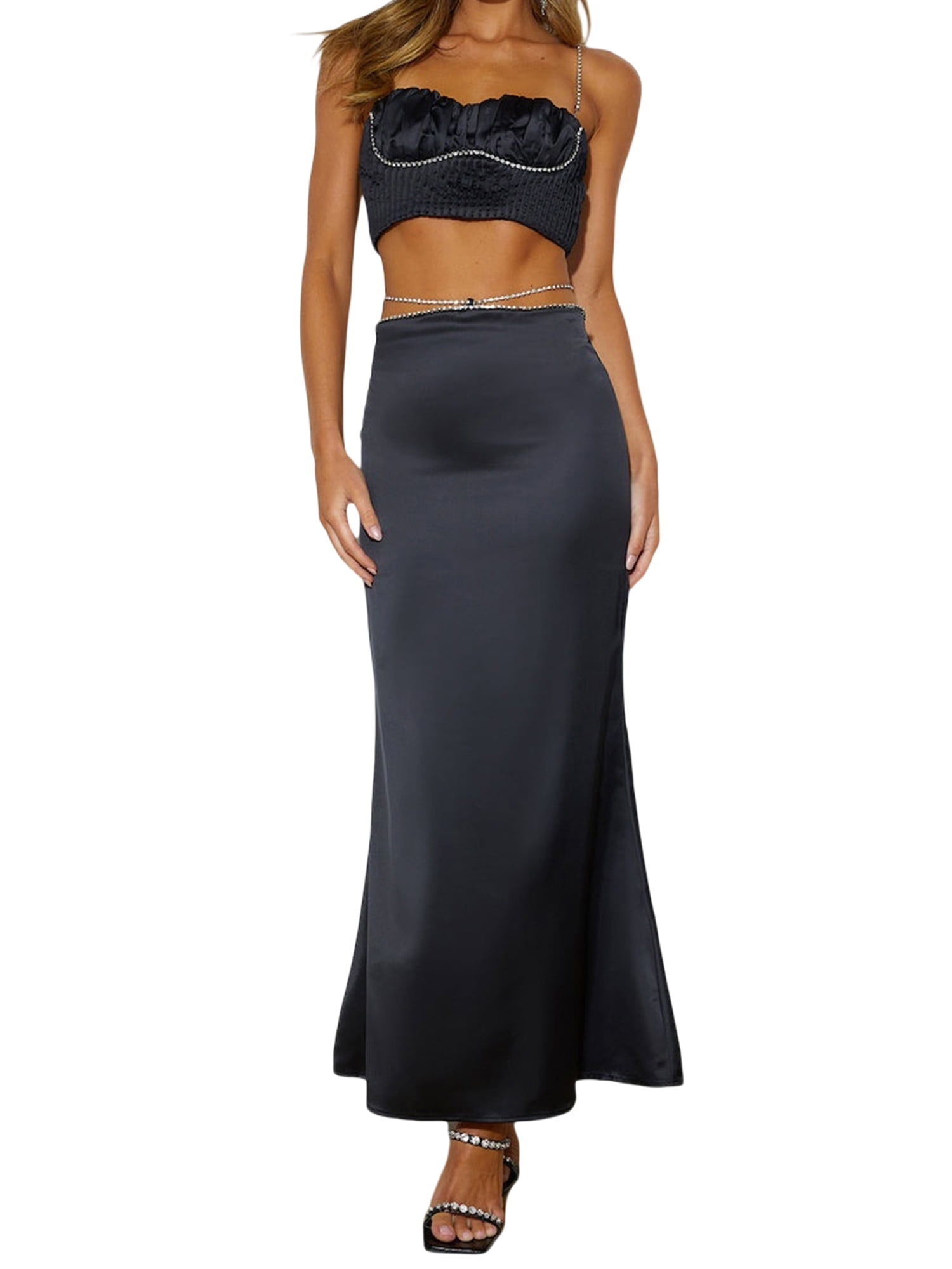 Dewadbow Women 2 Piece Maxi Skirt Set Strapless Tube Crop top and High Waist Bodycon Slit Long