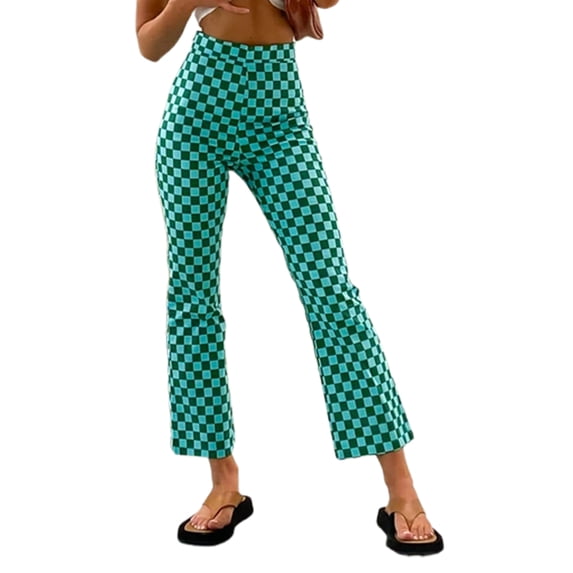 Dewadbow Women Casual Skinny Pants High Waist Plaid Slim Fit Flare Pants