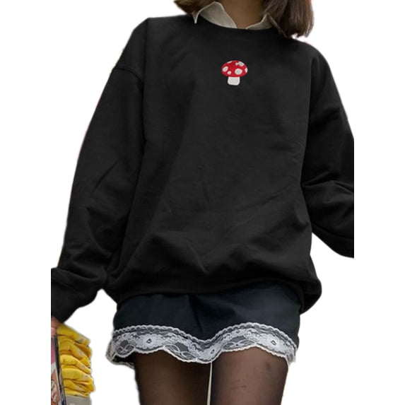 Dewadbow Women Long Sleeve Mushroom Tops Casual Round Neck Loose Tops