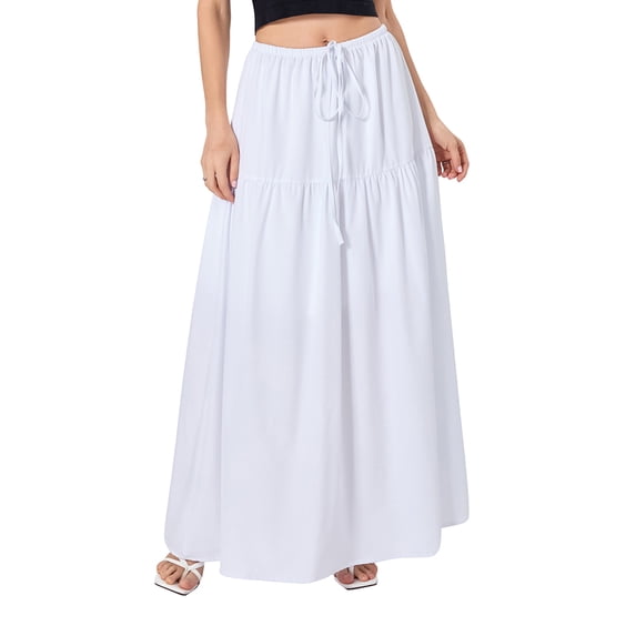 Dewadbow Women Loose A-Line Skirt Solid Color Summer Elastic Drawstring Skirt