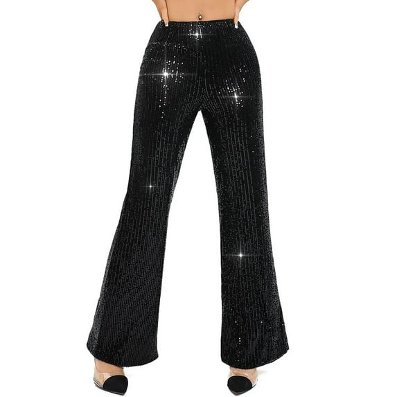 Dewadbow Women Sequin Bell Bottom Pants Glitter Sparkle High Waist Wide Leg Palazzo Trousers Bling Flare Pants Club Wear