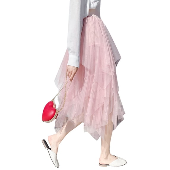 Dewadbow Women Skirt Chiffon Midi Puffy Tulle Skirt High Waist A-Line Long Skirts