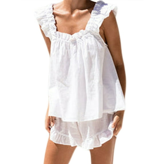 Dewadbow Women Summer 2PCS Pajamas Sets Flying Sleeveless Square Neck Backless Ruffle Trim Tops and Shorts Sets