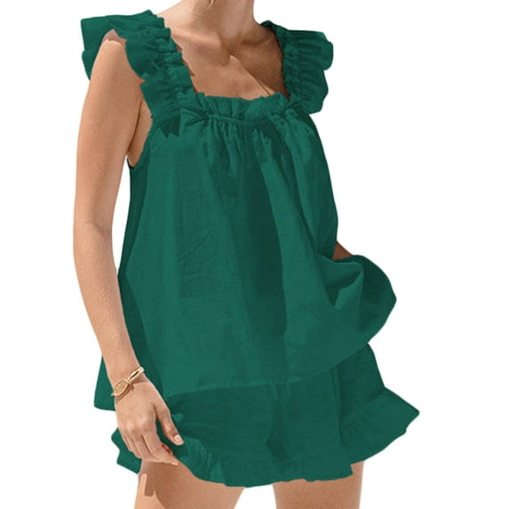 Dewadbow Women Summer 2PCS Pajamas Sets Flying Sleeveless Square Neck Backless Ruffle Trim Tops and Shorts Sets