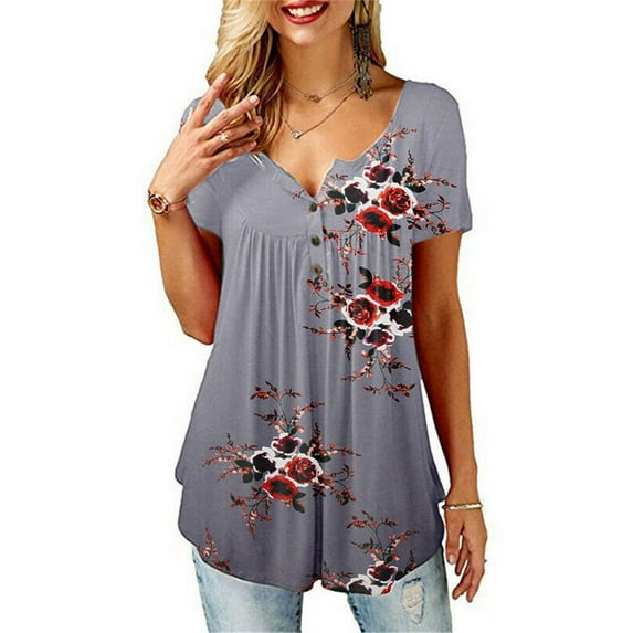 Dewadbow Women Summer Floral V Neck Tops Tee Loose Baggy T Tunic T Shirts