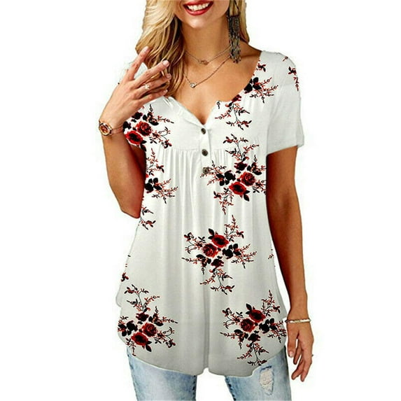 Dewadbow Women Summer Floral V Neck Tops Tee Loose Baggy T Tunic T Shirts