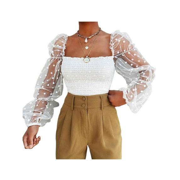 Dewadbow Women Wrinkled Crop Top T-shirt See-through Puff Sleeve Tops