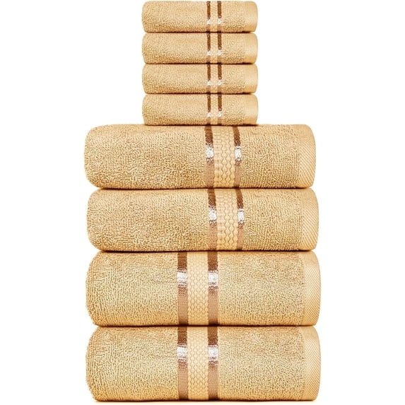 Dewall Maisons Beige 8-Piece Cotton Towel Set - Soft, Durable, & Highly Absorbent - Includes 2 Bath Towels, 2 Hand Towels, 4 Washcloths - Ideal For Modern Bathrooms – For Body, Face & Hands