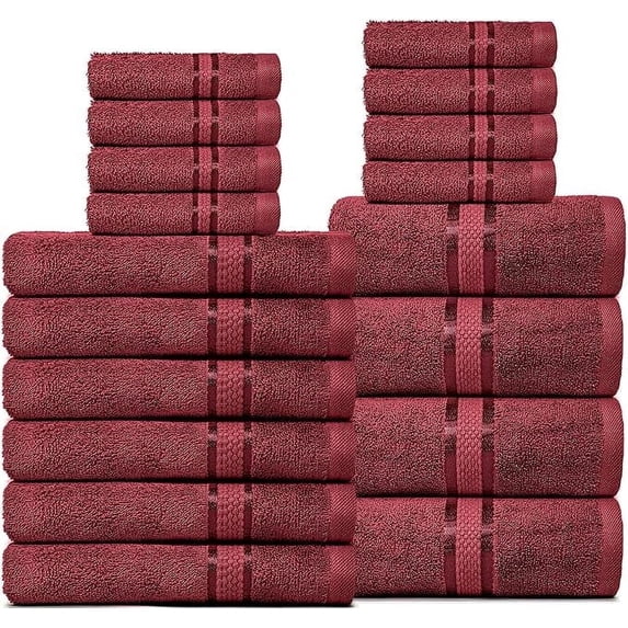Dewall Maisons Burgundy 18-Piece Premium Cotton Towel Set, Ultra-Absorbent & Soft - Perfect for Modern Bathrooms - Includes 4 Bath Towels, 6 Hand Towels, 8 Washcloths – for Body, Face & Hands