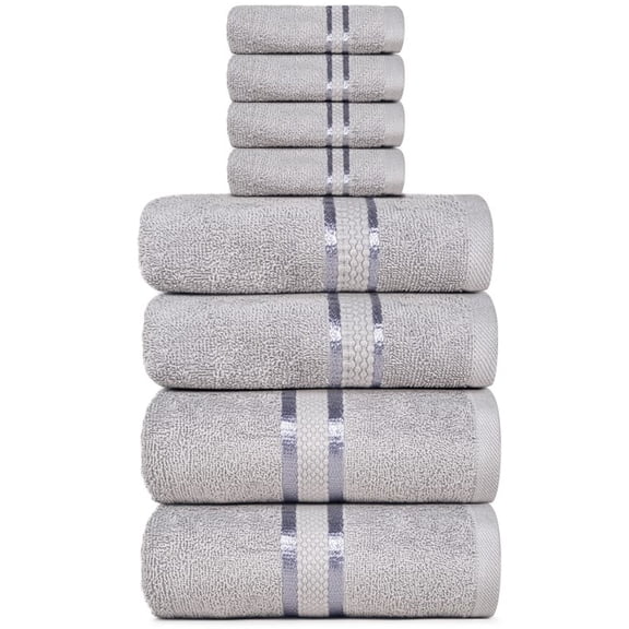 Dewall Maisons Chic Light Grey 8-Piece Premium Cotton Towel Set - Ultra-Soft, Quick-Drying, Absorbent - 2 Bath Towels, 2 Hand Towels, 4 Washcloths - EnhAnce Your Bathing Experience