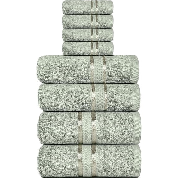 Dewall Maisons Chic Soft Green 8-Piece Premium Cotton Towel Set - Ultra Soft, Quick-Drying, Absorbent - 2 Bath Towels, 2 Hand Towels, 4 Washcloths - Enhance Your Bathing Experience